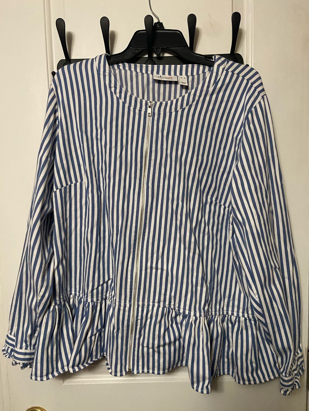 Striped Blue & White Zip-Front Peplum Top - Women
